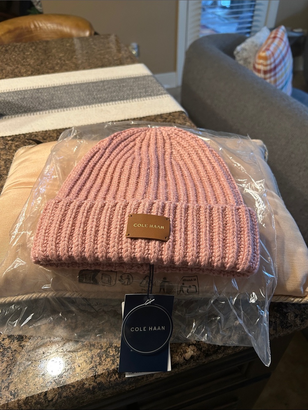 Cole Haan Zephyr Pink Ribbed Knit Beanie with Leather Logo Patch